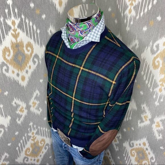 Polo Ralph Lauren Tartan Plaid Merino Wool & Suede Crewneck Sweater - Picture 1 of 16